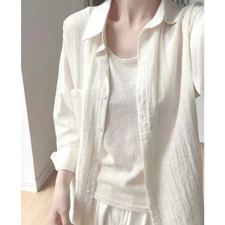 法式白色薄款防晒衣长袖衬衫女夏装新款宽松显瘦衬衣叠穿上衣外套