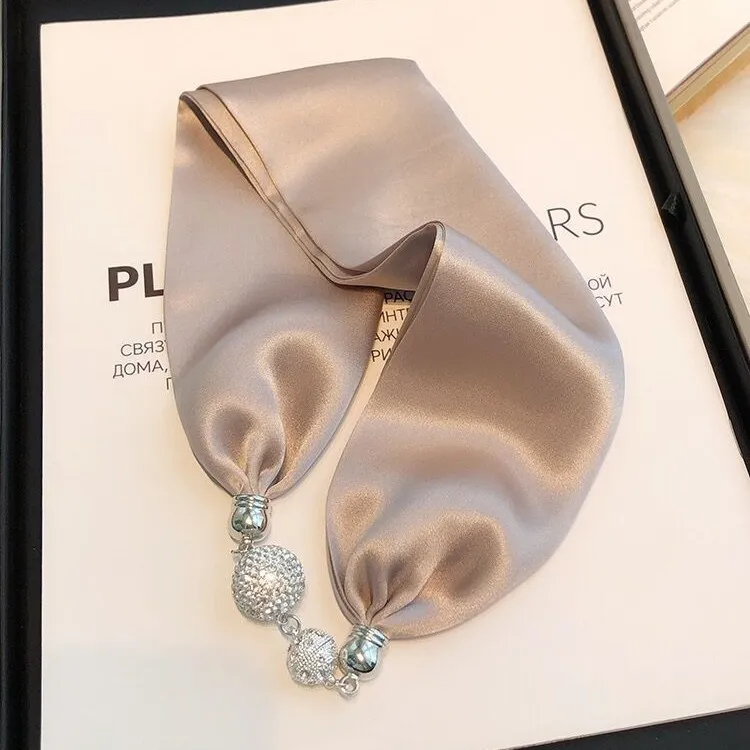 纯色桑蚕丝丝巾真丝项链磁吸扣时尚春夏季百搭气质简约素雅小领巾