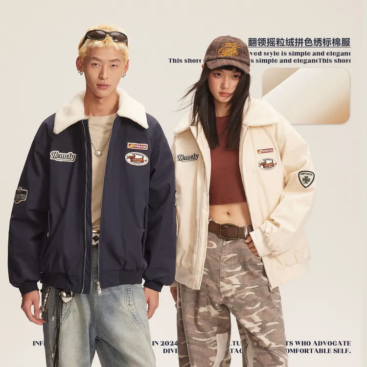 宽松时尚潮牌复古羊羔绒翻领棉服男女冬季摇粒绒保暖百搭情侣外套