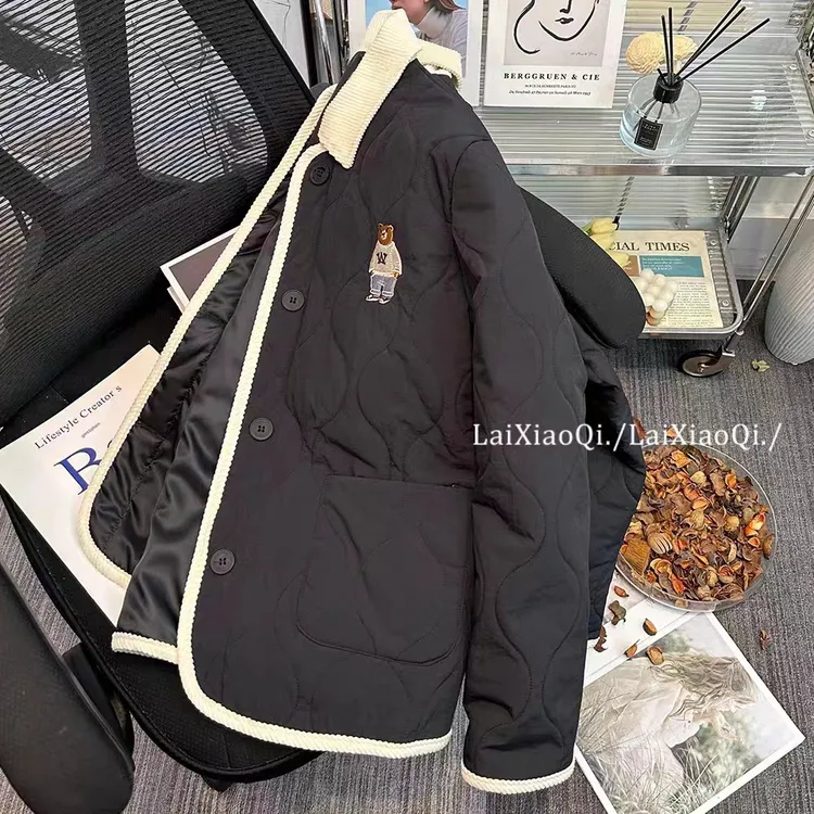 韩版小熊刺绣菱格棉服女秋冬宽松小个子棉袄撞色拼接翻领棉衣外套