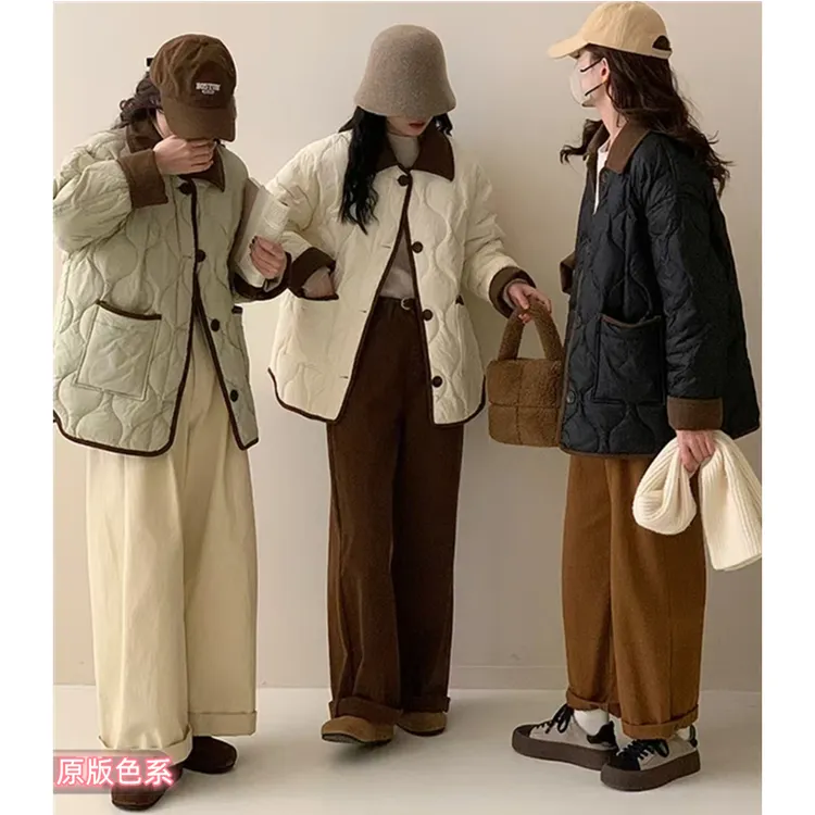 韩版复古菱格棉服外套女秋冬季新款撞色翻领加厚棉袄小香风棉衣潮