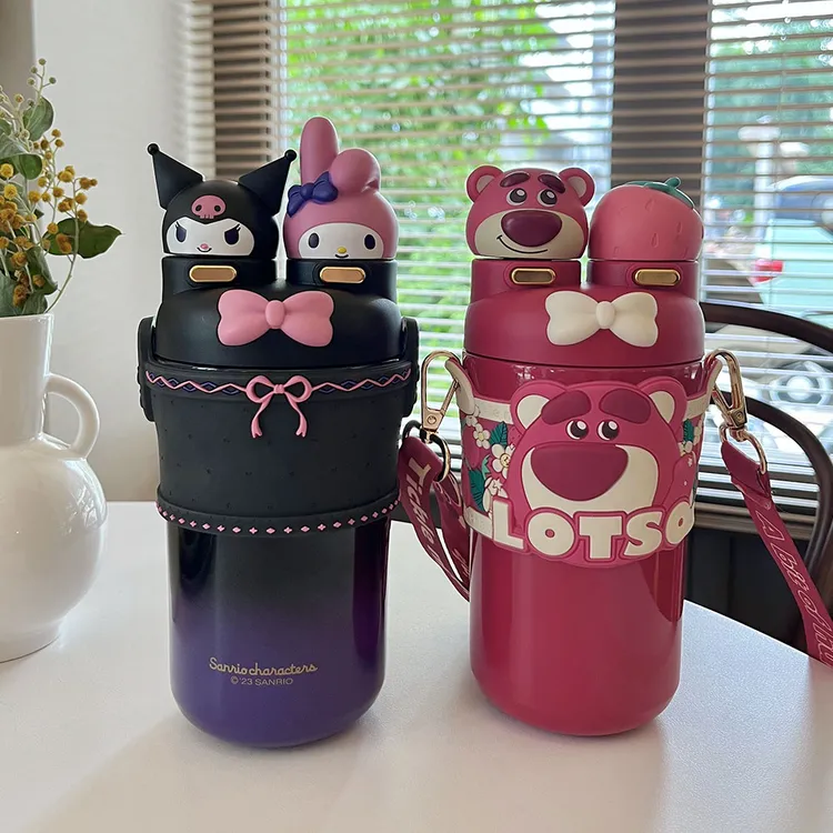 艾可思草莓熊&洛丽塔&蜡笔小新双盖保温杯550mL可爱便携儿童水杯