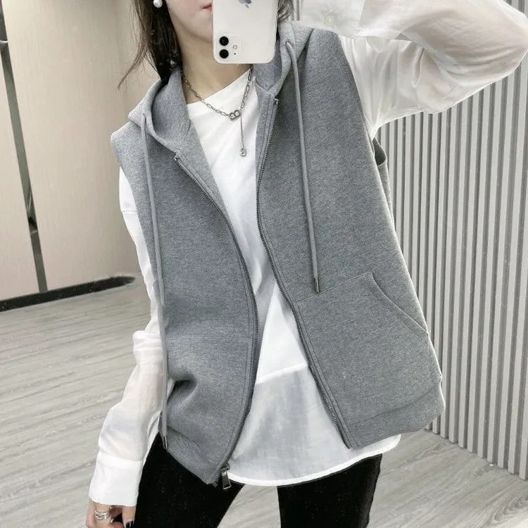 纯色连帽马甲衣女无袖2025春秋休闲宽松叠穿坎肩马夹外套女