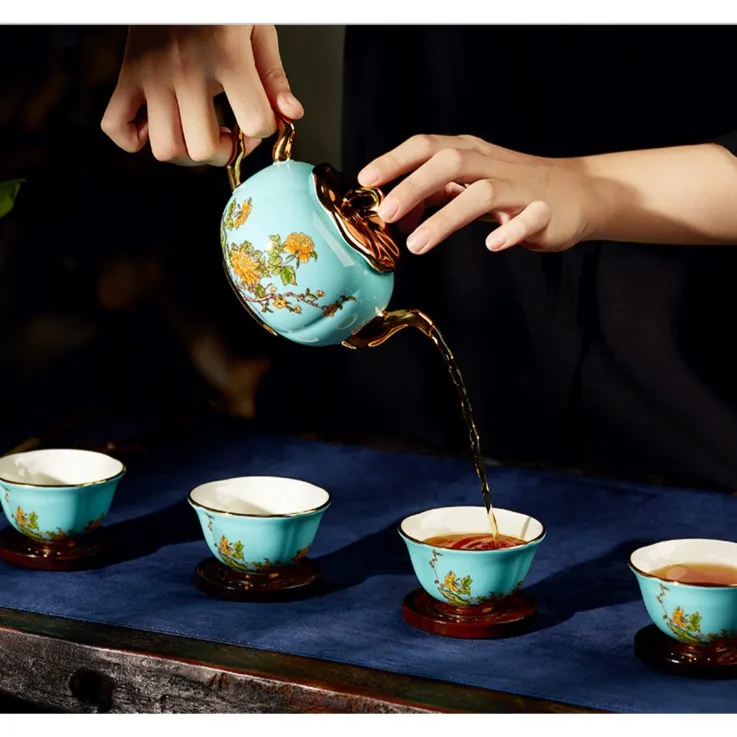西湖蓝6头7头茶具套组 精美礼品 高端大气 描金牡丹