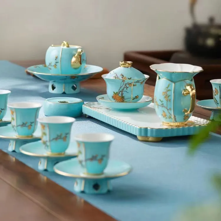 夫人瓷西湖蓝22头高档茶具轻奢待客杯子礼盒装精致描金家用
