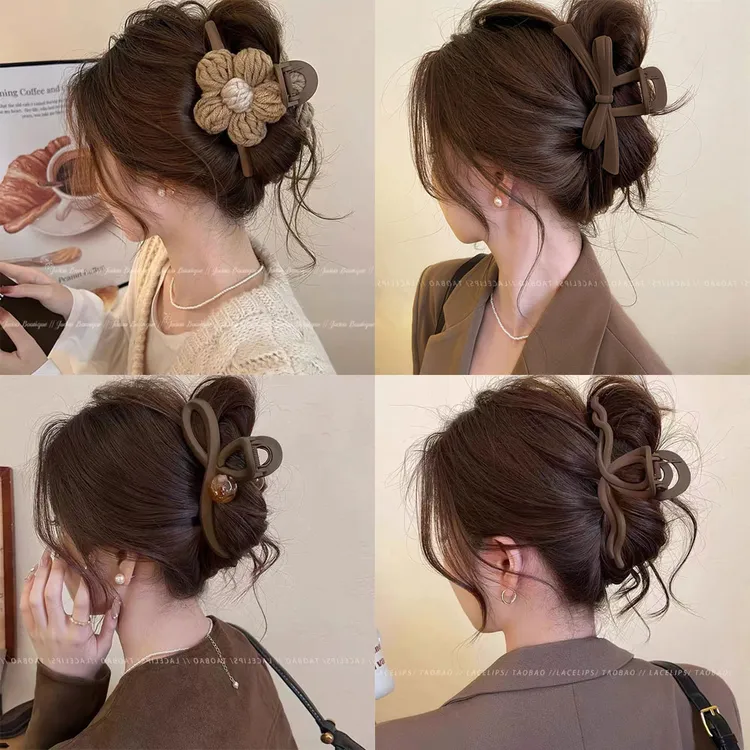 暖咖毛线花朵抓夹大号磨砂发夹女后脑勺秋冬气质夹子头饰2024新款