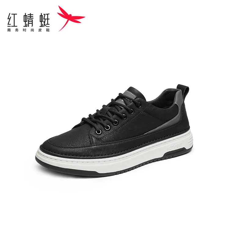 红蜻蜓厚底系带板鞋男男士透气春季男鞋白潮鞋低帮黑色小白鞋白色