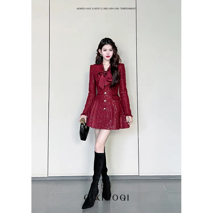 七小七Sicily【维也纳之夜】法式名媛风红色连衣裙女秋冬设计感裙子