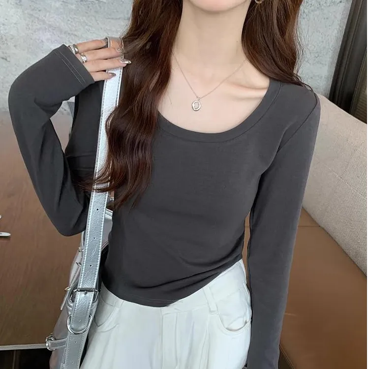 长袖T恤女秋季新款圆领纯色打底衫内搭修身显瘦短款百搭低领上衣