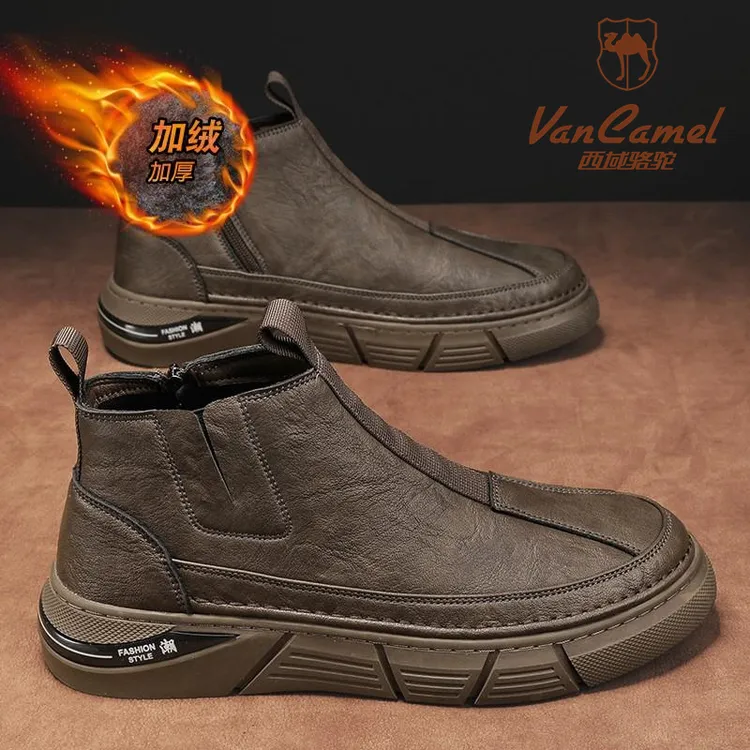 西域骆驼切尔西男鞋冬季潮流高帮短筒马丁靴加绒休闲中帮皮鞋保暖