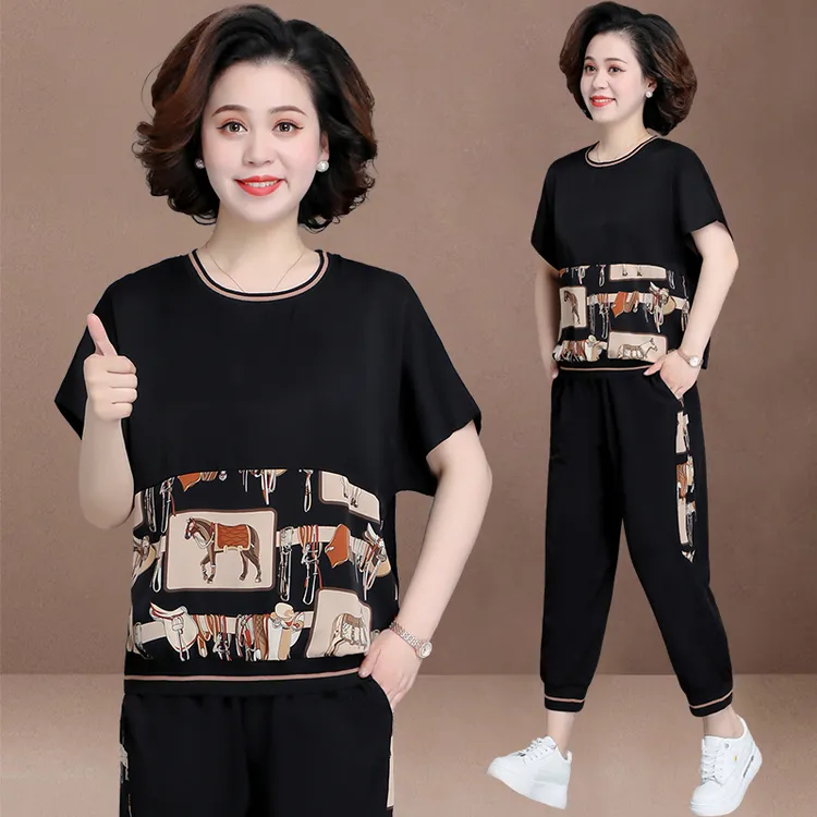中年妈妈夏装套装洋气大码2025新款中老年短袖t恤女两件套40岁50