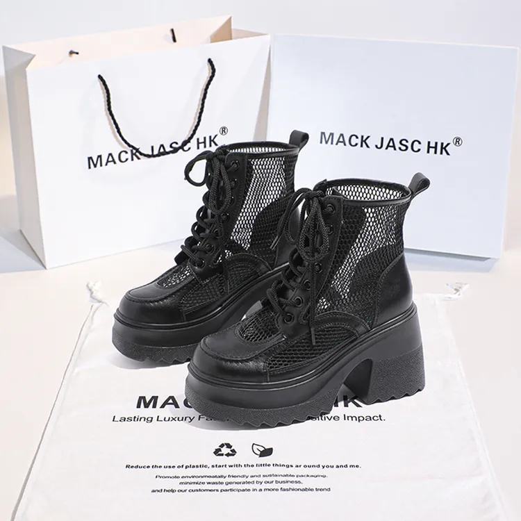 香港MACKJASCHK镂空12CM薄款马丁靴女2024夏季新款网面超高跟凉靴