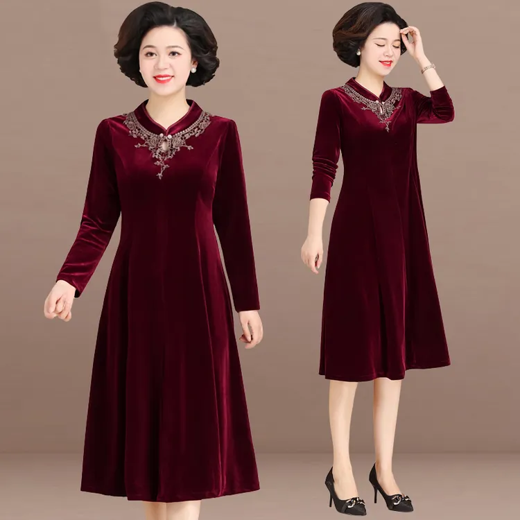妈妈秋装金丝绒连衣裙洋气中老年女春秋喜婆婆婚宴装礼服旗袍裙子