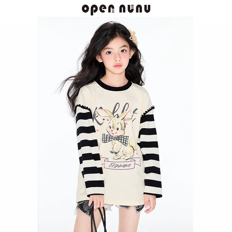 Opennunu女童卡通兔兔印花T恤春秋中大童甜酷慵懒风宽松长袖上衣