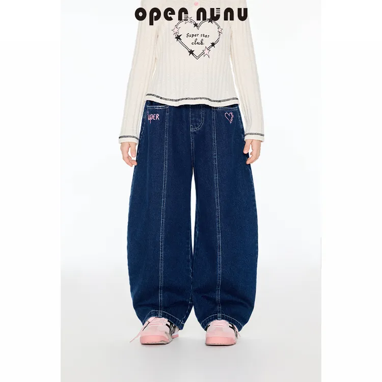 女童高腰字母刺绣裤春秋复古慵懒风显瘦阔腿漂亮出片衣服童装反季