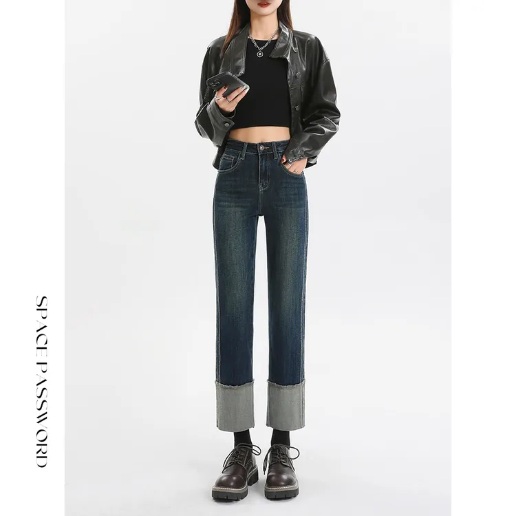 2024年春季新款直筒牛仔裤女高腰显瘦小个子九分烟管裤百搭法棍裤