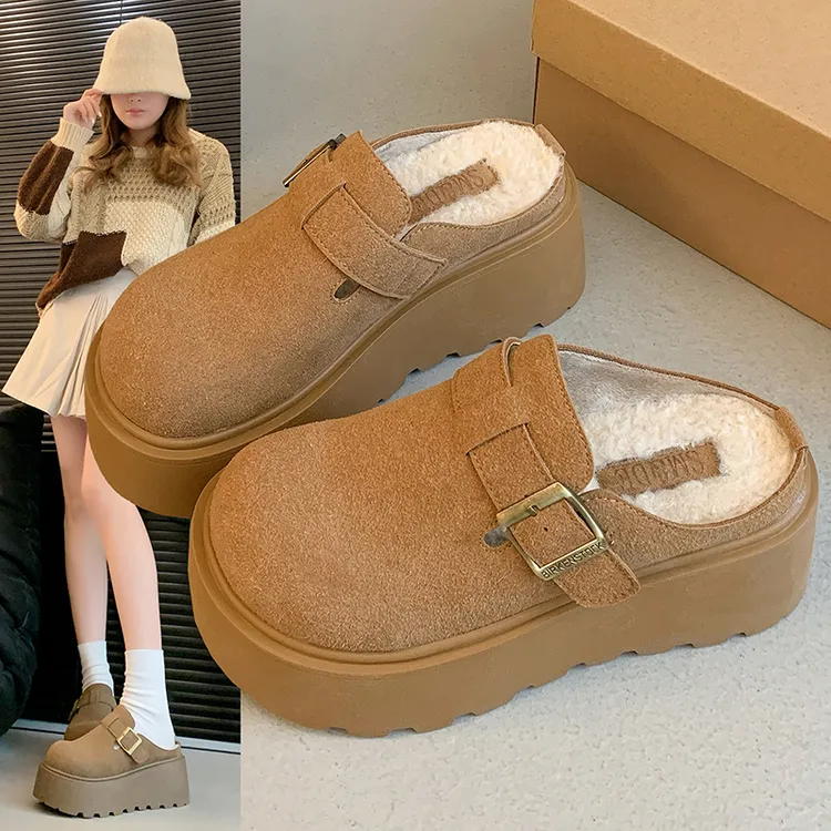 7CM 增高包头拖鞋女外穿2025秋冬款小个子厚底时尚加绒毛毛勃肯鞋