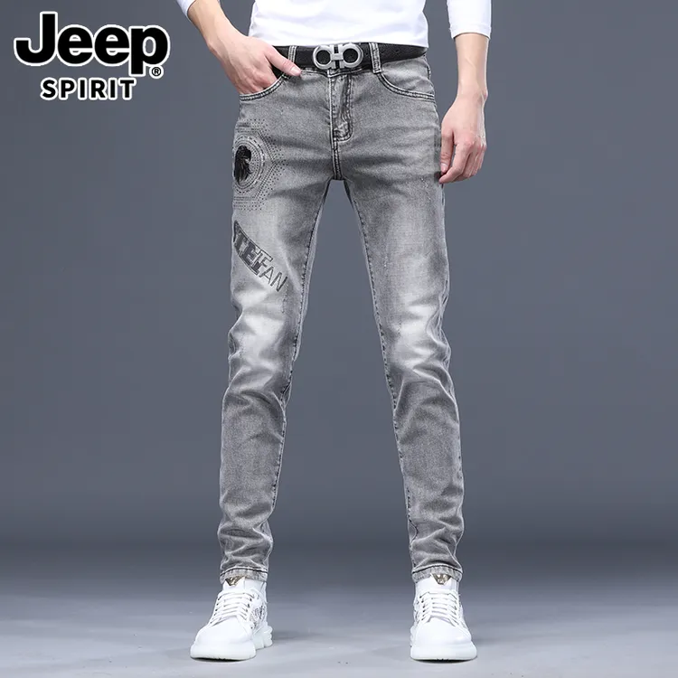 JEEPSPIRIT秋冬季新款百搭弹力男牛仔裤修身烫钻印花潮牌休闲裤子