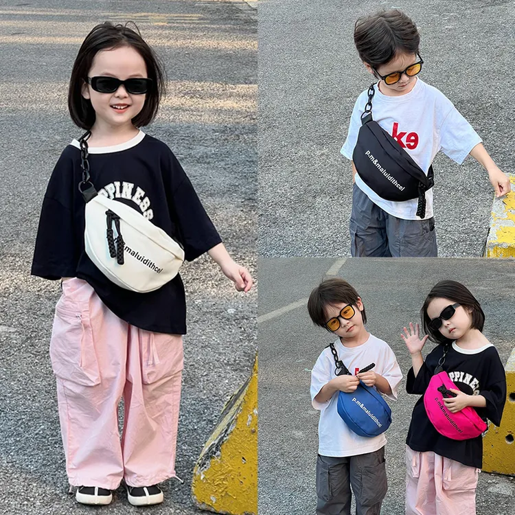 字母洋气儿童包包2024新款男童潮酷胸包女童宝宝百搭斜挎零钱小包