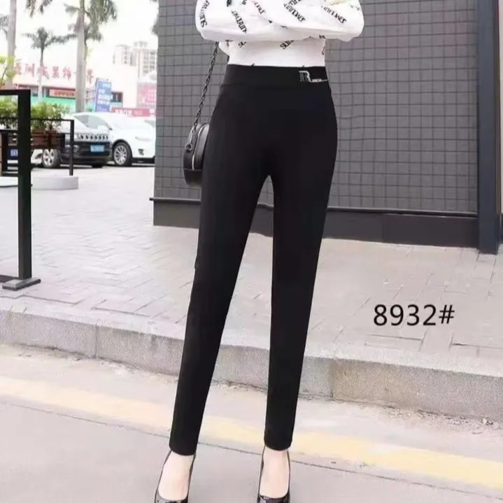 新款时尚直筒裤黑色高腰小脚裤休闲百搭显瘦外穿修身小黑裤高弹