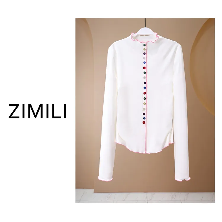 【亮哥女装】2025冬季《琉璃》粉白色木耳边领七彩扣高弹打底5361-E2