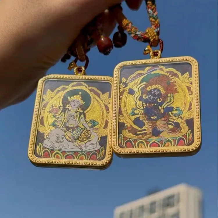 铜合金吊坠 铜合金项坠/吊坠彩绘描金雕刻双面五爷唐卡五台山直发