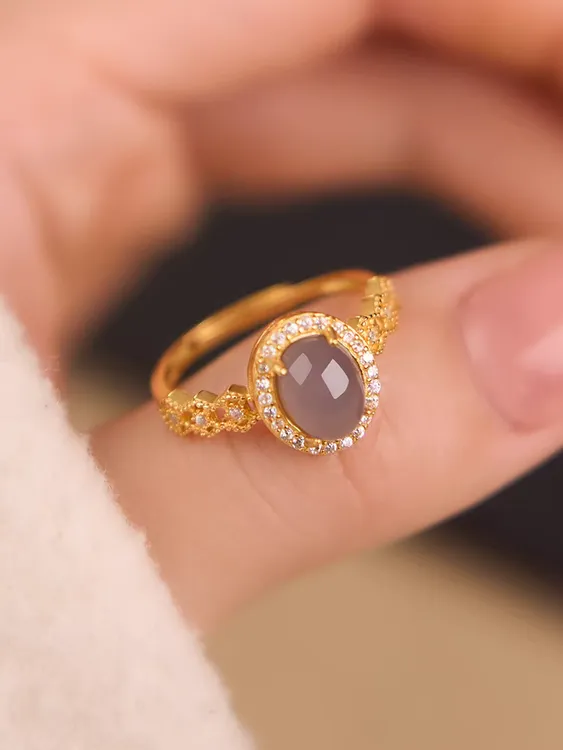 春季新品 天然高冰烟紫和田玉宫廷风戒指s925满钻镶嵌精致椭圆形