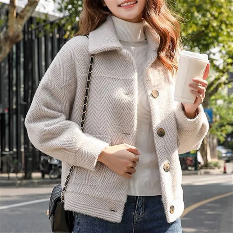 秋冬新款仿水貂绒短款外套女小个子开衫时尚上衣女外套洋气开衫女