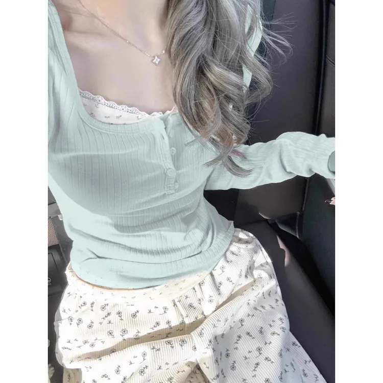 【现货】芭蕾风薄荷绿碎花长袖t恤女春秋修身短款假两件打底衫上衣