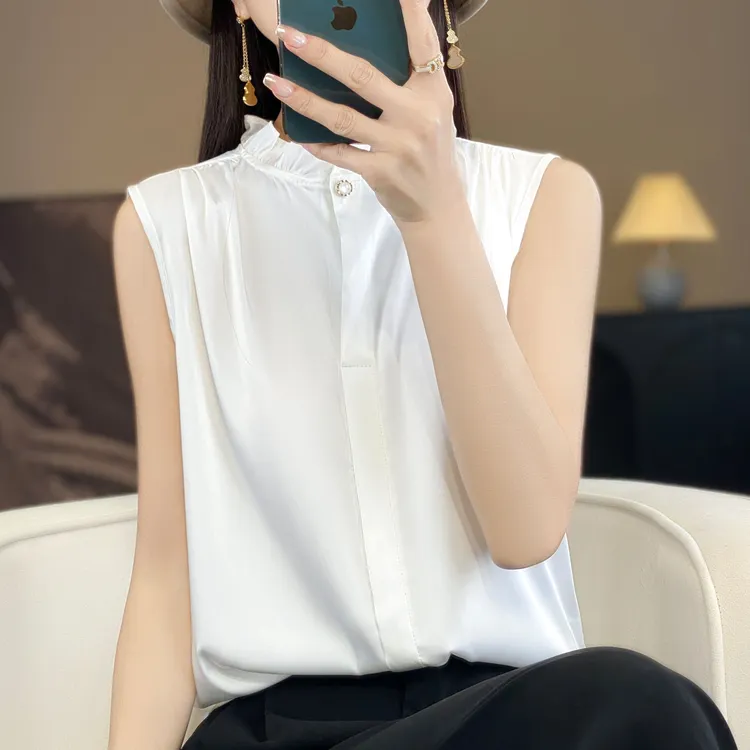 时尚气质木耳花边无袖T恤缎面百搭外穿夏季女背心打底洋气显瘦F36