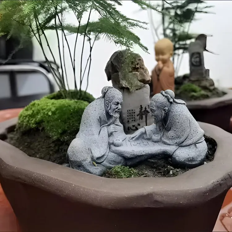 仿真下棋老者摆件园艺花卉盆景假山景观造景装饰对弈老头装饰摆设