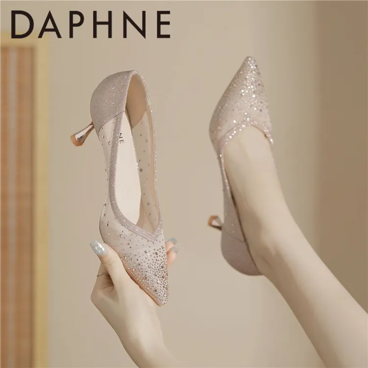 达芙妮高跟鞋女2025爆款洋气网纱气质女士百搭宴会鞋子不累脚凉鞋