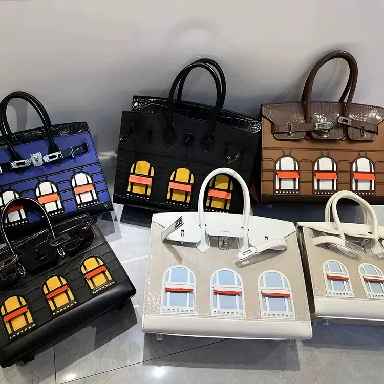 h家新款手掌纹配鳄鱼纹牛皮拼色小房子包包铂金包手提BK白色女包