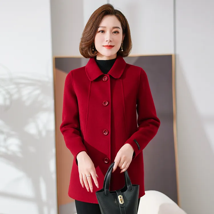 双面羊毛绒大衣女高端纯羊毛妈妈秋冬外套短款中老年女装毛呢外套