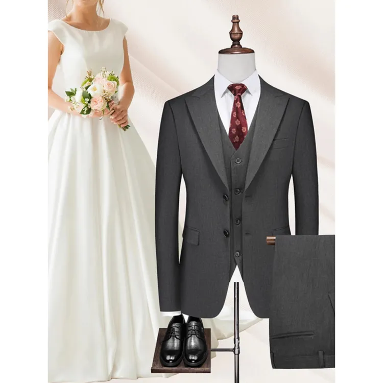 意式单排两扣戗驳领西服男三件套修身垂感外套新郎伴郎团结婚礼服