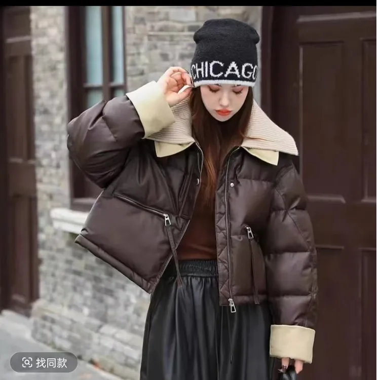 2024新款欧货针织翻领短款羽绒棉服冬季加厚蛋白皮拼色撞色外套