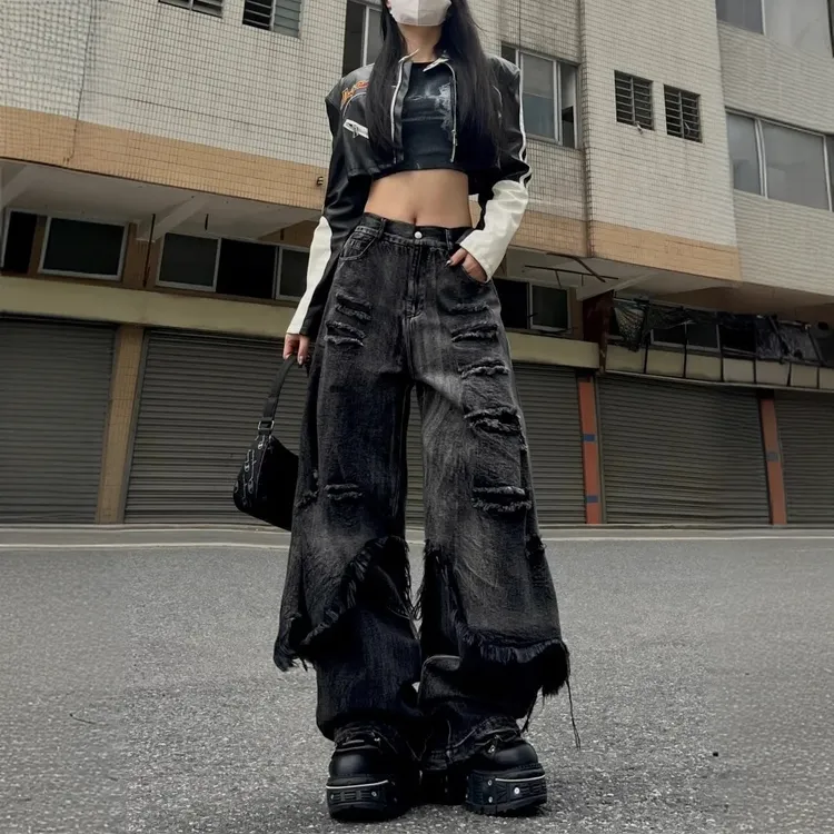 大码美式高街假两件做旧工装牛仔裤女阔腿hiphop嘻哈毛边拖地长裤