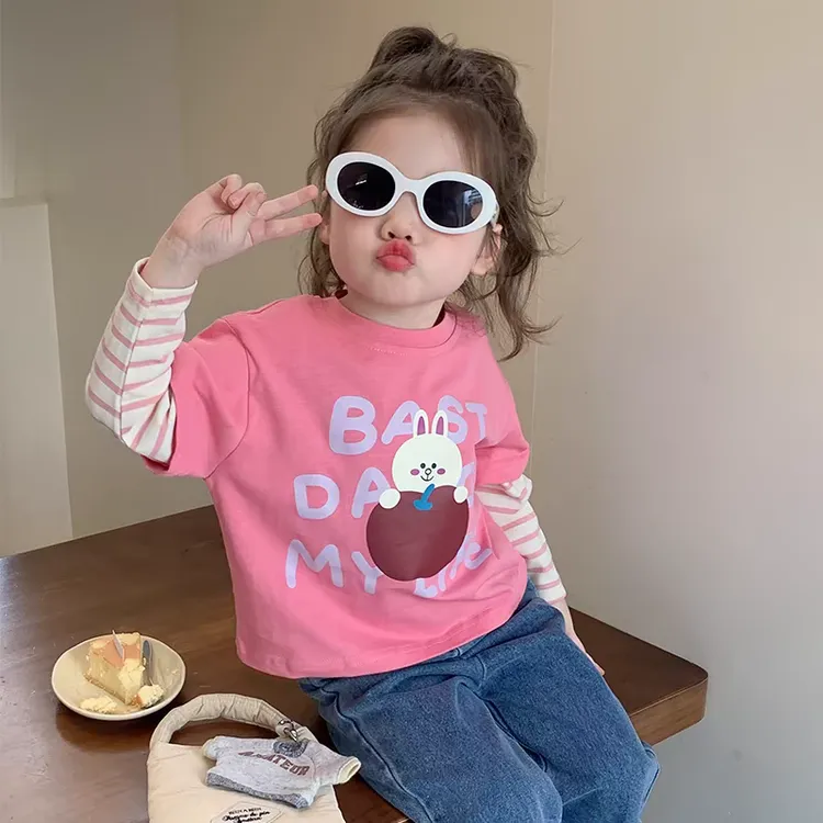 女童t恤2025春秋新款儿童洋气假两件长袖上衣女宝宝秋装打底衫