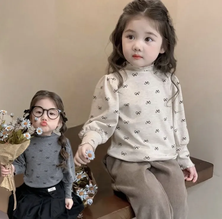 女童打底衫春秋2025新款绵羊绒女宝宝薄绒洋气蝴蝶结内搭上衣冬季