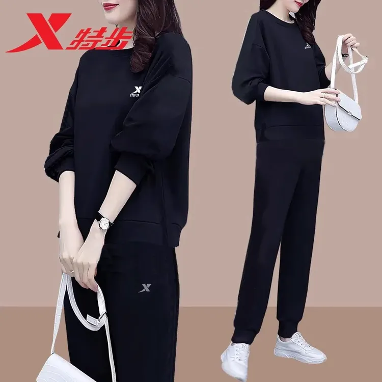 特步长袖运动套装女黑色显瘦卫衣卫裤2025秋季正品宽松休闲运动服