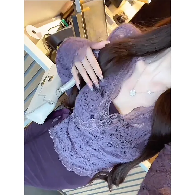 新款秋冬细绒S型包臀鱼尾长裙蕾丝开衫两件套
