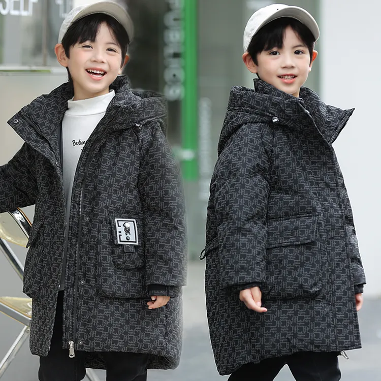儿童羽绒服男童中长款中大童韩版加厚2025新款印花冬季外套