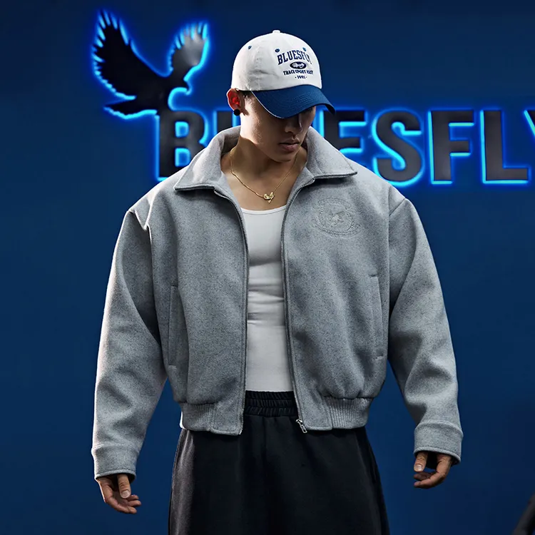 BLUESFLY运动玩咖美式毛呢夹克外套秋冬短款廓形翻领健身休闲高级