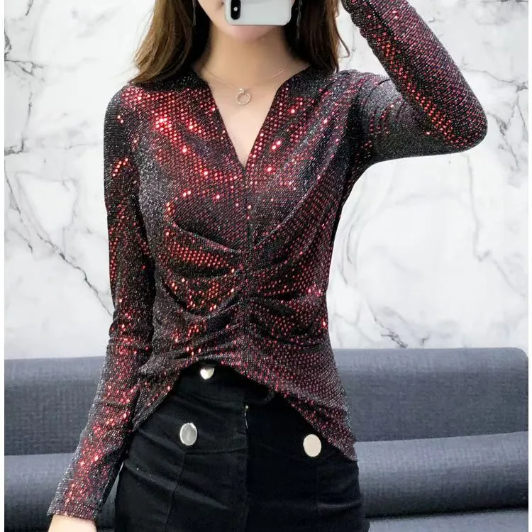 欧洲站2025春秋新款打底小衫亮丝上衣女闪光丝亮片洋气百搭