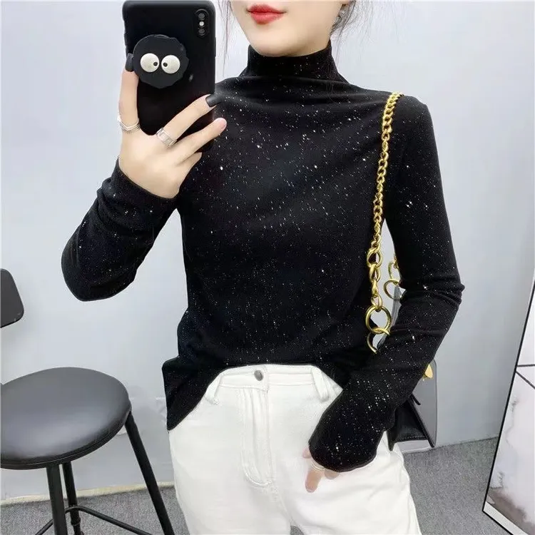 洋气半高领德绒亮片秋冬新款打底衫修身网红百搭长袖上衣女
