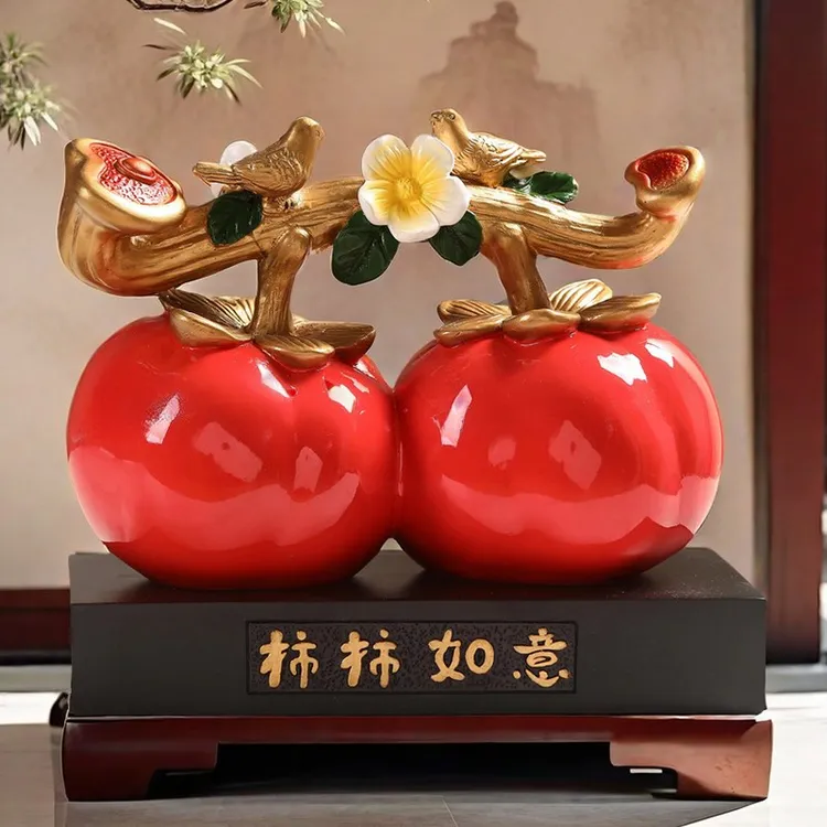 中式客厅玄关酒柜博古架搬家柿柿如意礼物摆台玄关摆件客厅摆台