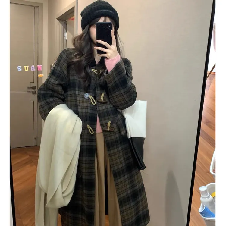格子牛角扣呢子大衣女2025秋冬新款毛呢外套冬天小个子韩系中长款