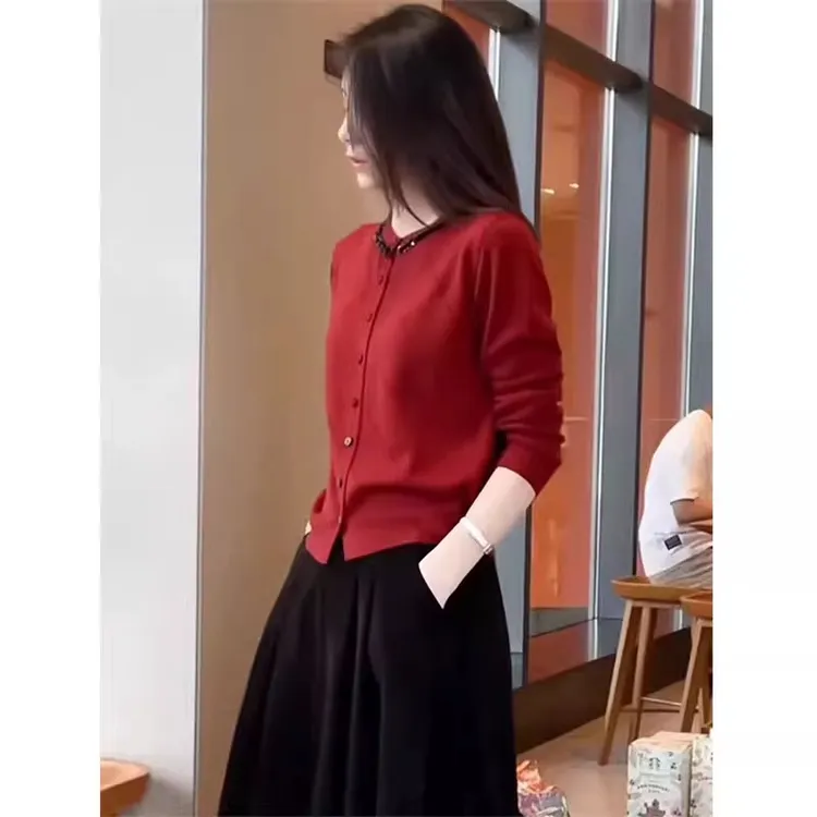 小香风红色毛衣外套女春秋洋气外搭长袖上衣披肩短款宽松针织开衫