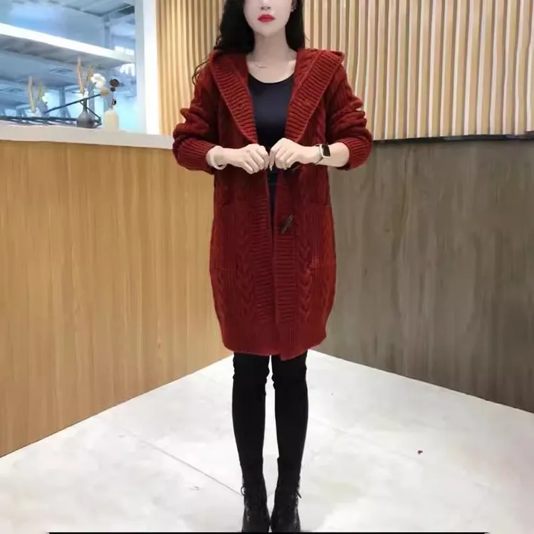 新款小个子开衫女连帽加厚针织宽松上衣秋冬中长款大码妈妈装外套