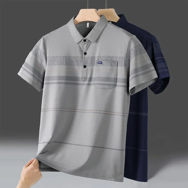 凉感冰丝条纹短袖polo衫爸爸夏装上衣中年男装大码休闲透气T恤男
